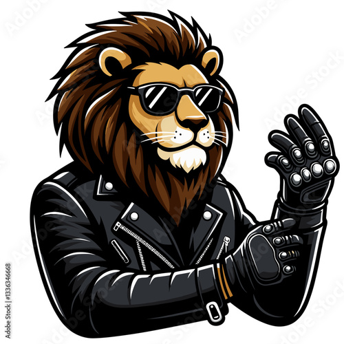 Cartoon cool lion in leather jacket with sunglasses, vector illustration. Perfect for fashion brands, rock music events, motorcycle culture or urban lifestyle promotions.