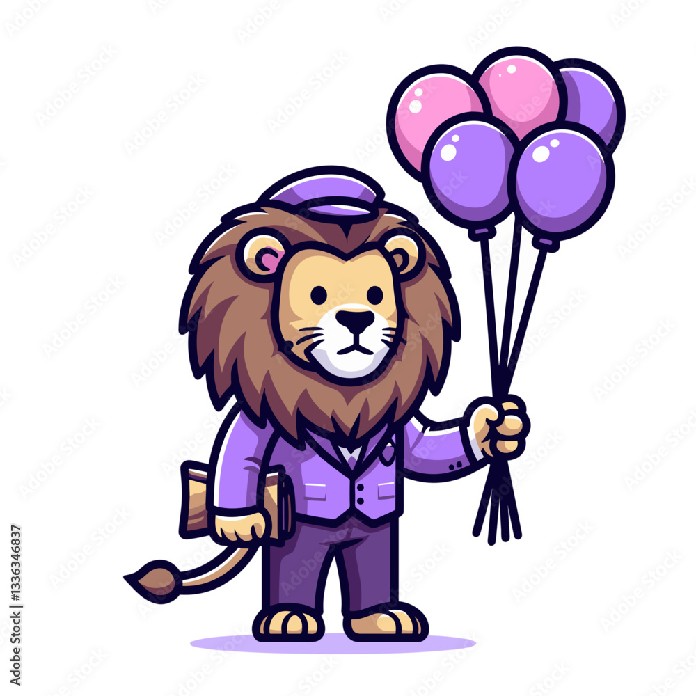 Obraz premium Cheerful lion in purple suit holding colorful balloons and ticket. Ideal for event planning or birthday celebration announcements.