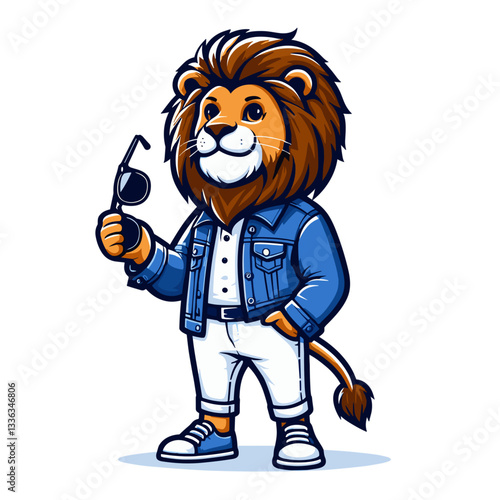 Trendy lion in denim jacket and white pants holding sunglasses. Ideal for fashion blogs or youth lifestyle content creation.