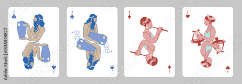 Classical Greek-inspired poker card figures and aces. Greek myth playing cards, Diamonds, Clubs, Hearts, and Spades.