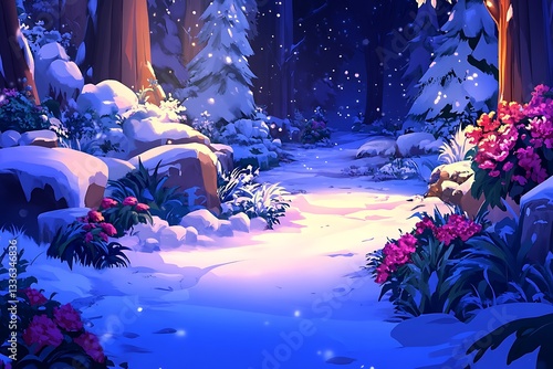 Winter forest path with pink flowers; peaceful scenery for cards or calendars
