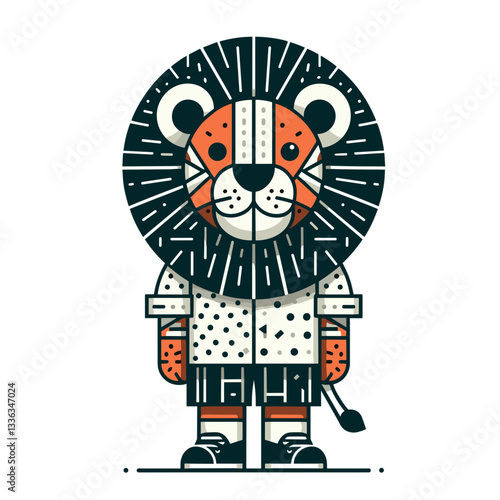 Stylized futuristic lion in geometric robot-inspired outfit. Ideal for technology events or digital art exhibitions.
