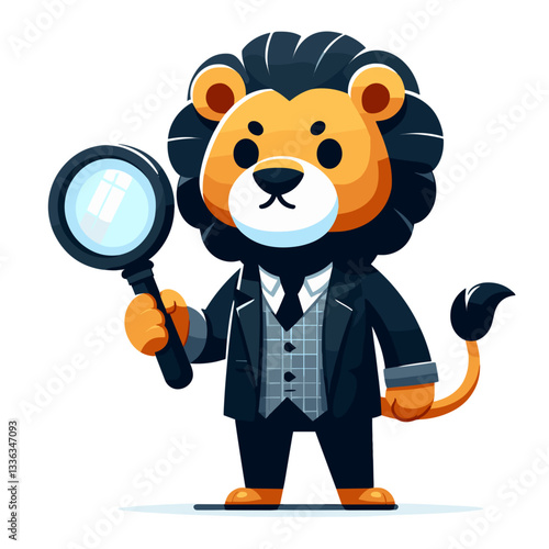 Cute cartoon lion detective with magnifying glass in formal suit, vector illustration. Perfect for mystery novels, investigation services, or problem-solving educational content.