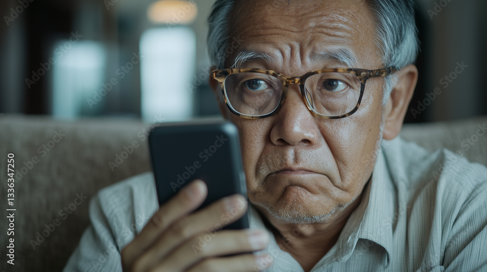 Older man concern, stares at the phone in the hand due to hyperopia problems, which makes vision difficult. Elderly health problems concept Older man concern, stares at the phone in the hand due to hyperopia problems, which makes vision difficult. Elderly health problems concept