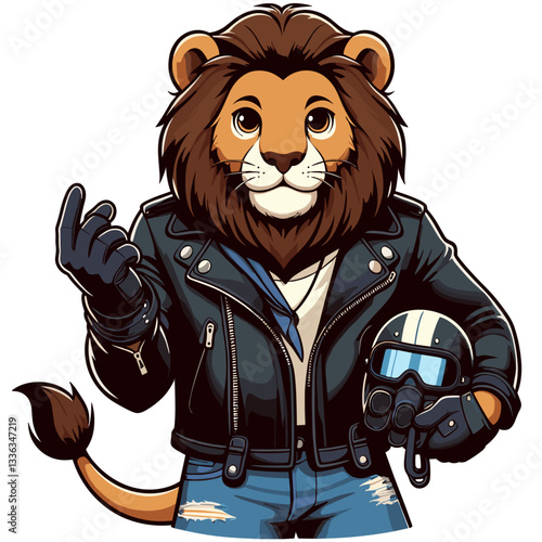 Cool cartoon lion in leather jacket with motorcycle helmet, vector illustration. Perfect for biker clubs, adventure lifestyle blogs, or rebel fashion brands.