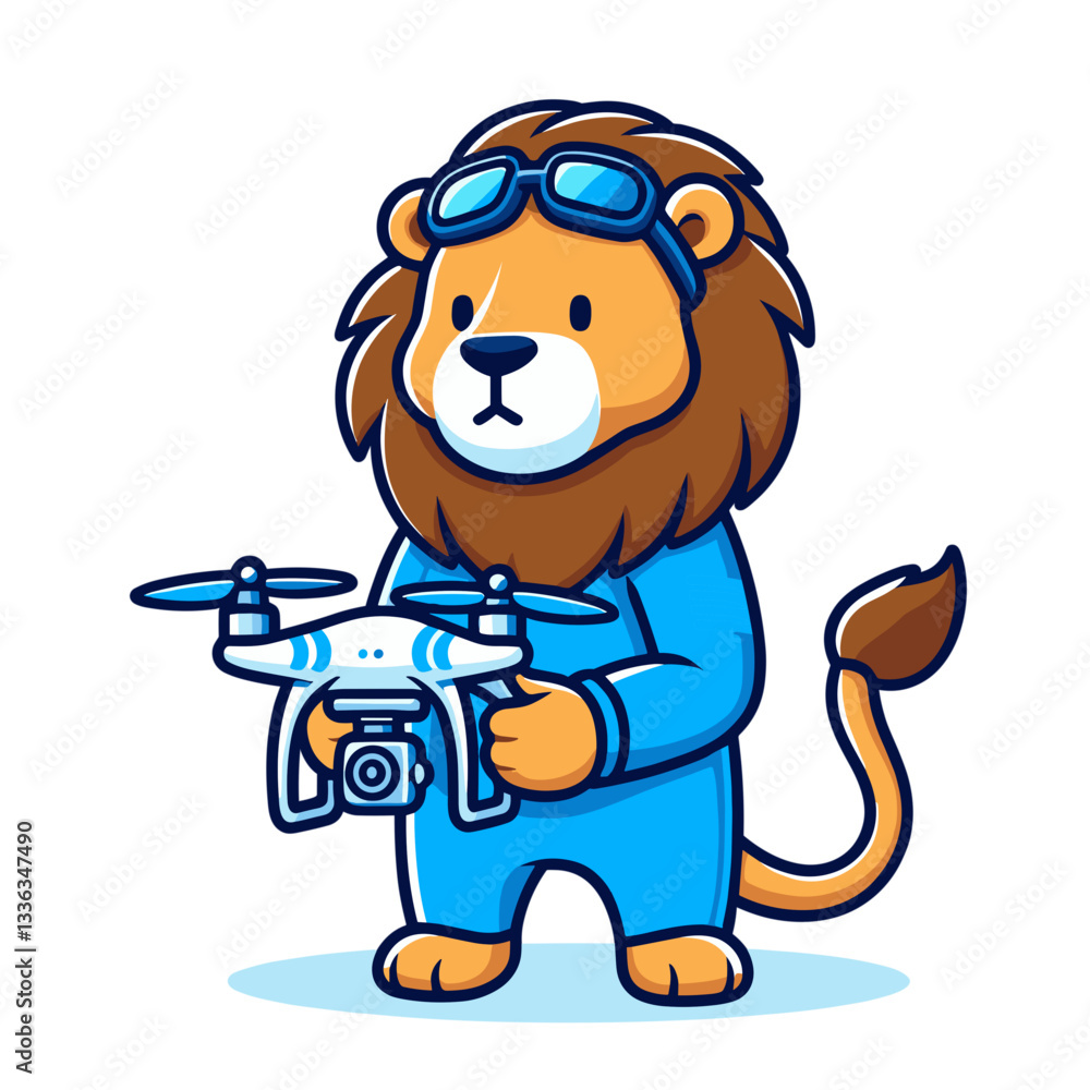 Obraz premium Cartoon drone operator lion in blue outfit with quadcopter. Perfect for aerial photography services, drone technology businesses, video production companies, or modern filming techniques.
