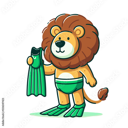 Cartoon snorkeling lion with green flippers in swimwear. Perfect for beach vacation packages, underwater excursions, tropical tourism, or summer water activities promotion.