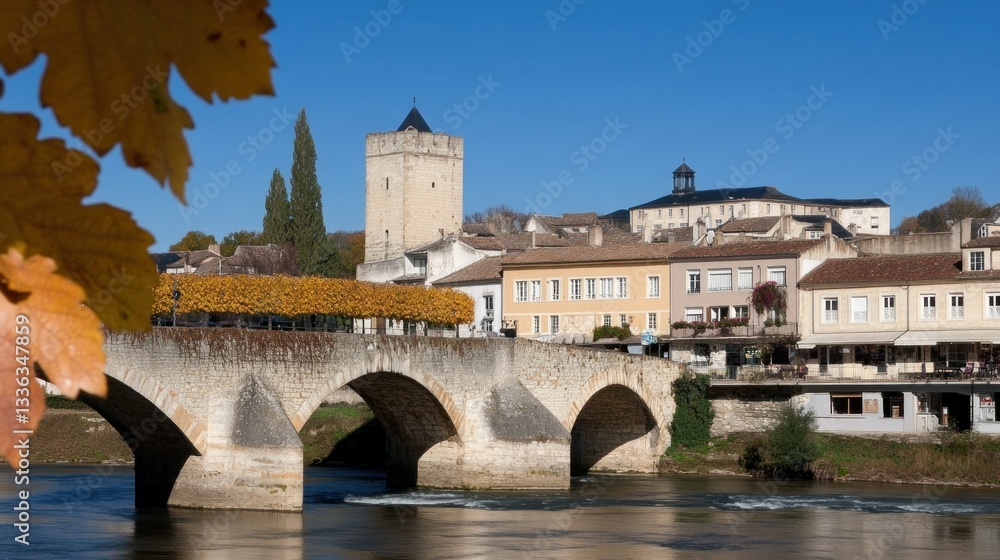 A picturesque stone bridge overlooking a historic riverside town scene A picturesque stone bridge overlooking a historic riverside town scene