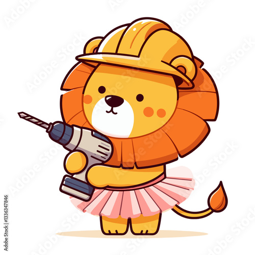 Cartoon construction worker lion with drill in tutu skirt, vector illustration. Perfect for humorous building services, children's entertainment, and gender stereotype breaking.