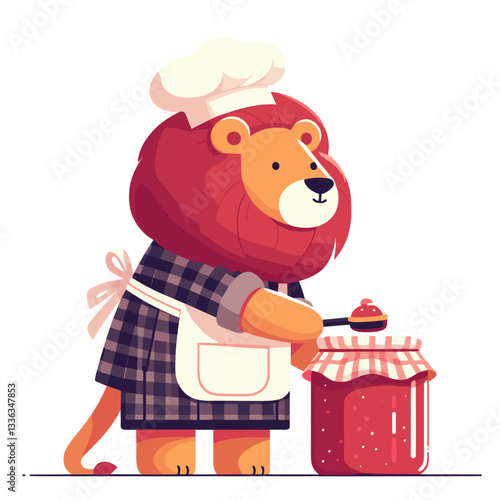 Cartoon chef lion in checkered apron making raspberry jam, vector illustration. Perfect for cooking classes, homemade preserves, and culinary workshops.