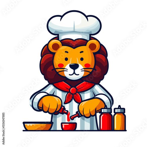 Cartoon chef lion in white uniform preparing meal at counter, vector illustration. Perfect for restaurant promotions, cooking classes, and culinary content.