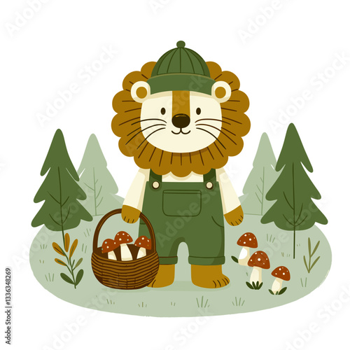 Cartoon lion forager with mushroom basket in forest setting, vector illustration. Perfect for nature guides, mushroom hunting activities, outdoor hobbies, or sustainable food gathering.