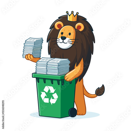 Environmentally conscious lion with crown recycling paper in green bin. Perfect for sustainability campaigns or eco-friendly initiatives.
