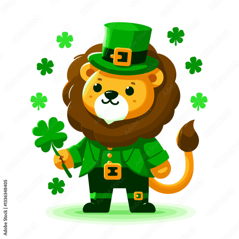 Festive leprechaun lion in green outfit with shamrocks and hat. Perfect for St. Patrick's Day celebrations or Irish-themed events. Festive leprechaun lion in green outfit with shamrocks and hat. Perfect for St. Patrick's Day celebrations or Irish-themed events.