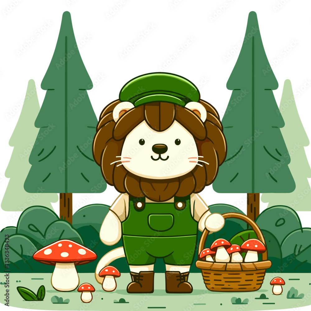 Naklejka premium Friendly lion forager in green overalls collecting mushrooms in forest. Ideal for nature exploration or organic food sourcing concepts.