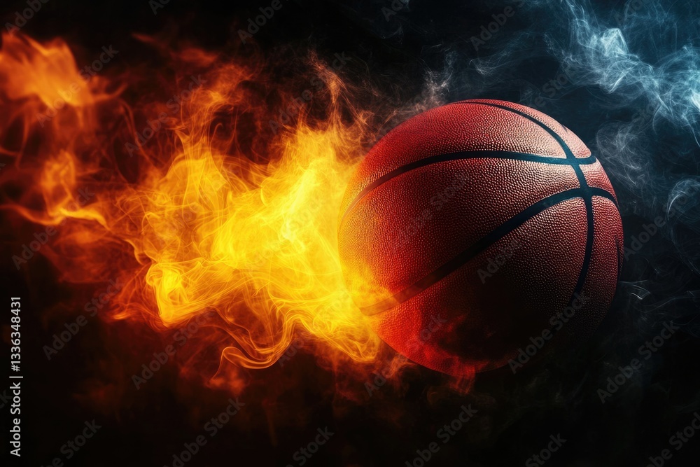 Fototapeta premium Dynamic Black Basketball Court Scene with Smoke and Vibrant Spotlights in Yellow, Orange, Red, and White