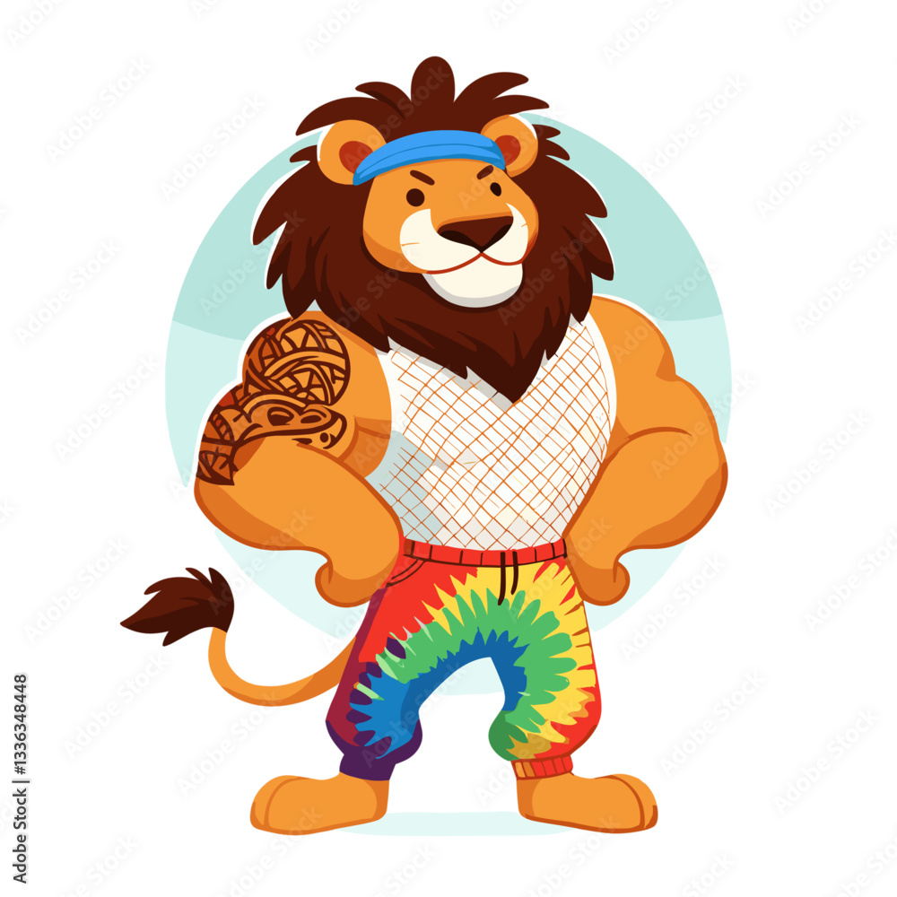 Obraz premium Muscular tattooed lion in mesh tank top and rainbow pants. Perfect for pride events or gym fitness motivation campaigns.