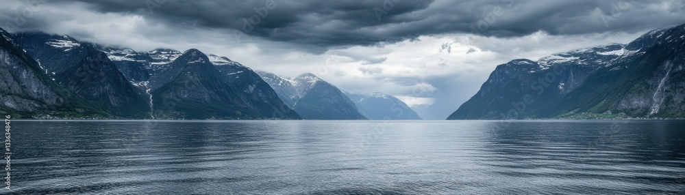 Calm lake view between tall mountains under dramatic cloudy sky Calm lake view between tall mountains under dramatic cloudy sky