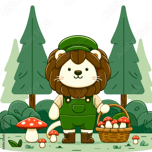 Friendly lion forager in green overalls collecting mushrooms in forest. Ideal for nature exploration or organic food sourcing concepts.