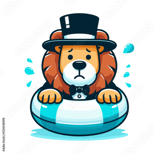 Nervous lion gentleman in top hat floating on life preserver. Ideal for water safety education or overcoming fears concepts.