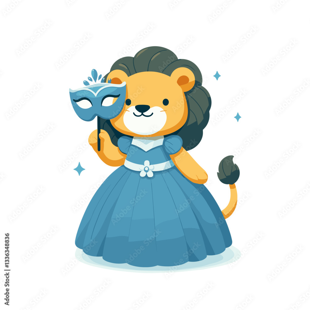 Cute cartoon lioness in blue princess dress with masquerade mask, vector illustration. Perfect for fantasy stories, carnival events, or children's costume party invitations.