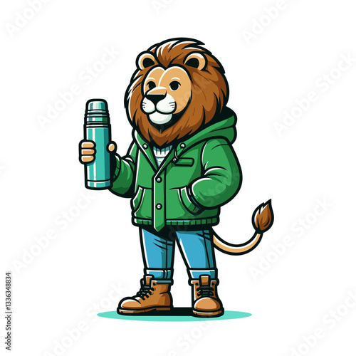 Cartoon outdoor enthusiast lion in green jacket holding thermos. Perfect for hiking adventures, camping equipment stores, wilderness exploration guides, or nature tourism companies.