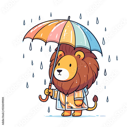 Cartoon melancholic lion in striped outfit under colorful umbrella in rain. Perfect for rainy day activities, weather-resistant products, mood-enhancing services, or seasonal clothing promotions.
