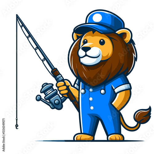 Cartoon fisherman lion in blue outfit with fishing rod and reel. Perfect for fishing equipment shops, outdoor recreation guides, sport fishing tournaments, or nature tourism services.