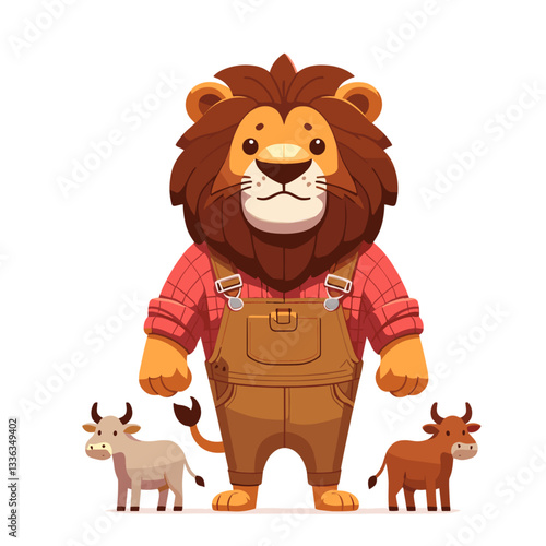 Cartoon farmer lion in overalls with baby cows, vector illustration. Perfect for agricultural businesses, dairy farms, and animal husbandry educational content.