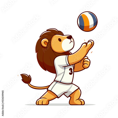 Cartoon volleyball player lion in white uniform hitting ball, vector illustration. Perfect for sports clubs, volleyball tournaments, and athletic event promotions.