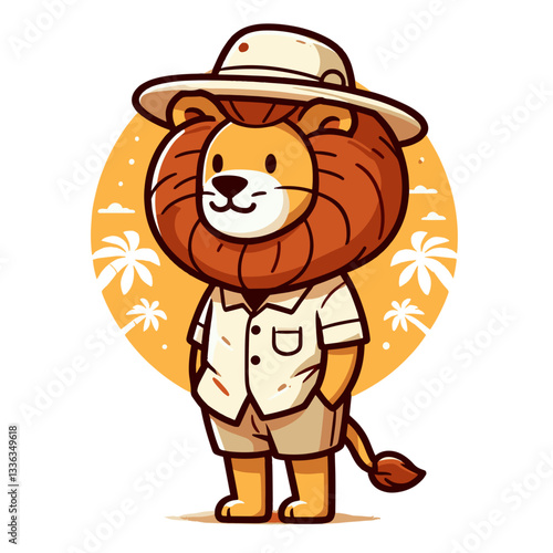 Cartoon lion safari guide in explorer hat against palm background, vector illustration. Perfect for travel agencies, adventure tours, wildlife expeditions or tropical vacation packages.