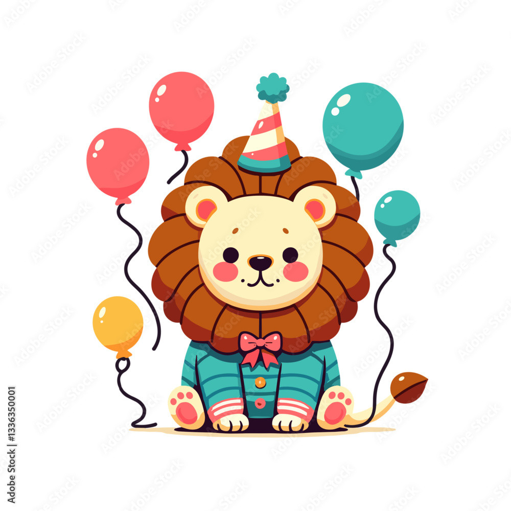 Naklejka premium Cute cartoon lion with balloons and party hat for birthday celebration, vector illustration. Perfect for greeting cards, party invitations, or children's event decorations.
