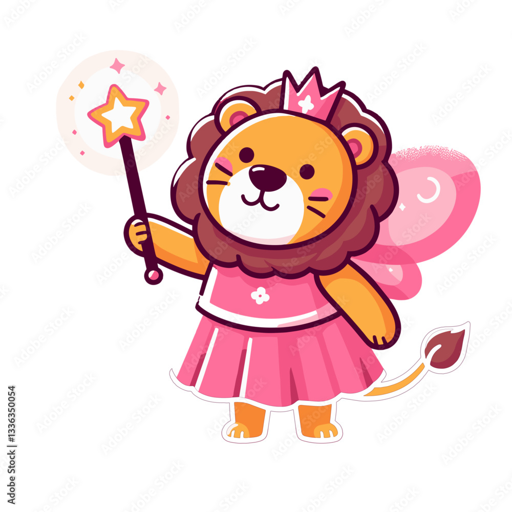 Cute cartoon lioness fairy with magic wand in pink dress, vector illustration. Perfect for children's fantasy stories, costume parties, or magical themed events. Cute cartoon lioness fairy with magic wand in pink dress, vector illustration. Perfect for children's fantasy stories, costume parties, or magical themed events.