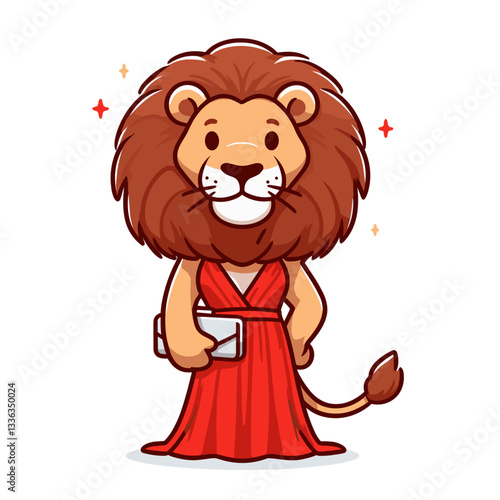 Cute cartoon lioness in elegant red evening gown, vector illustration. Perfect for formal event invitations, fashion blogs, or gala fundraiser promotions.