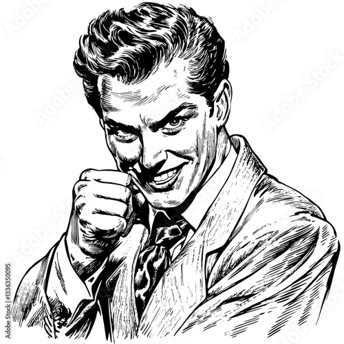 Vintage black and white illustration of a confident businessman with a sly smile representing ambition and attitude