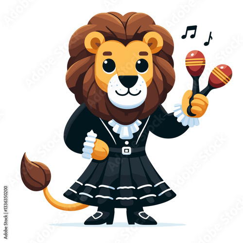 Cartoon choir conductor lion in black dress holding maracas. Perfect for music schools, performing arts programs, orchestra leadership, or cultural entertainment events.