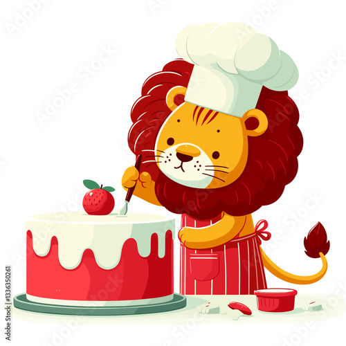 Cartoon pastry chef lion in striped apron decorating strawberry cake. Perfect for bakery businesses, dessert shops, cooking classes, or confectionery product marketing.