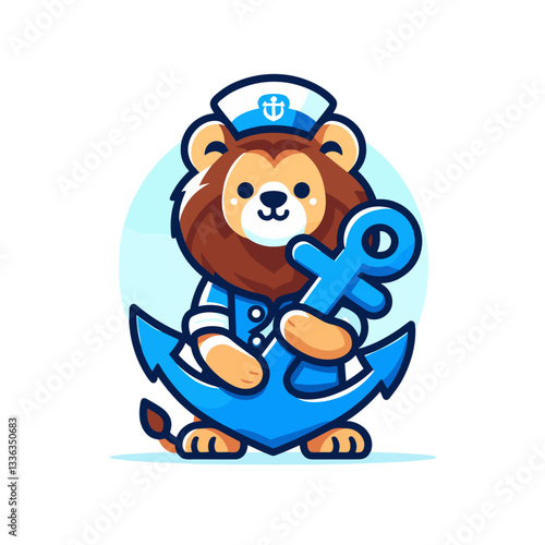 Cartoon lion sailor with blue anchor in nautical outfit, vector illustration. Perfect for maritime themes, sailing clubs, naval traditions or coastal vacation promotions.