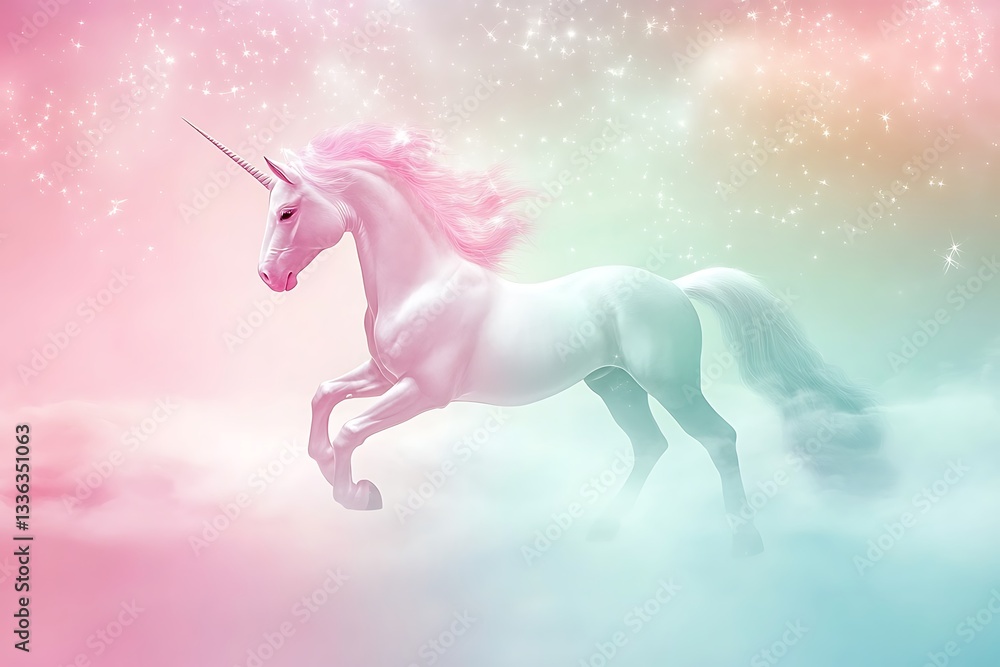 Naklejka premium Magical white unicorn galloping on pastel clouds.