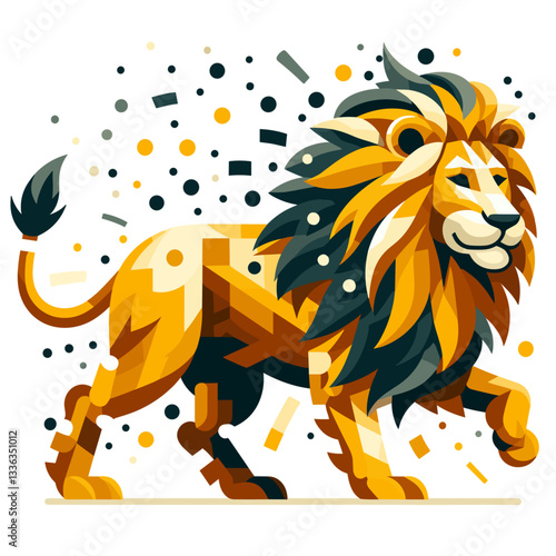 Dynamic geometric lion in motion with yellow and teal color scheme. Ideal for modern brand identity or creative design projects.