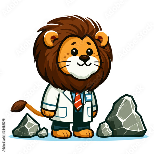 Cute cartoon lion geologist with rock samples in lab coat, vector illustration. Perfect for science education, geology courses, or earth science research institution branding.