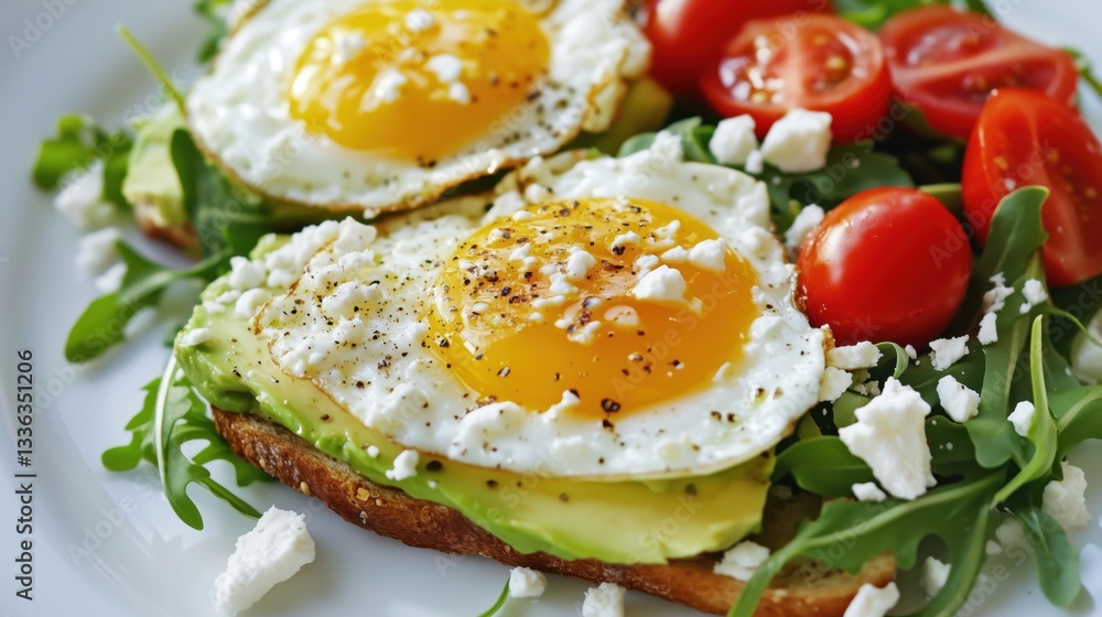 Toasts with egg and avocado, arugula, cherry tomatoes and feta are a healthy breakfast. Toasts with egg and avocado, arugula, cherry tomatoes and feta are a healthy breakfast.