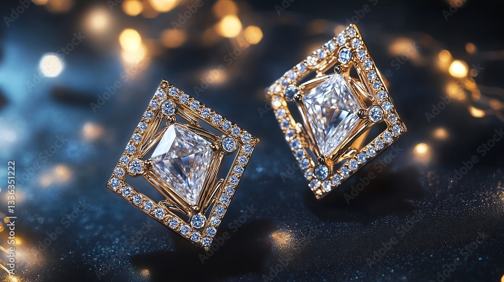 Luxurious diamond earrings glowing in the light. Luxurious diamond earrings glowing in the light.