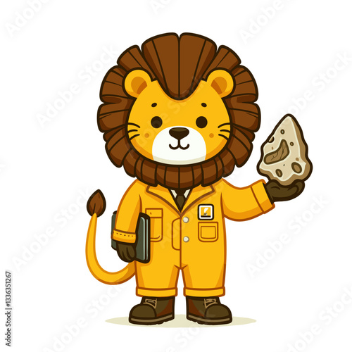 Cute cartoon lion geologist with rock sample in yellow uniform, vector illustration. Perfect for earth science education, geology courses, or mining company mascots.