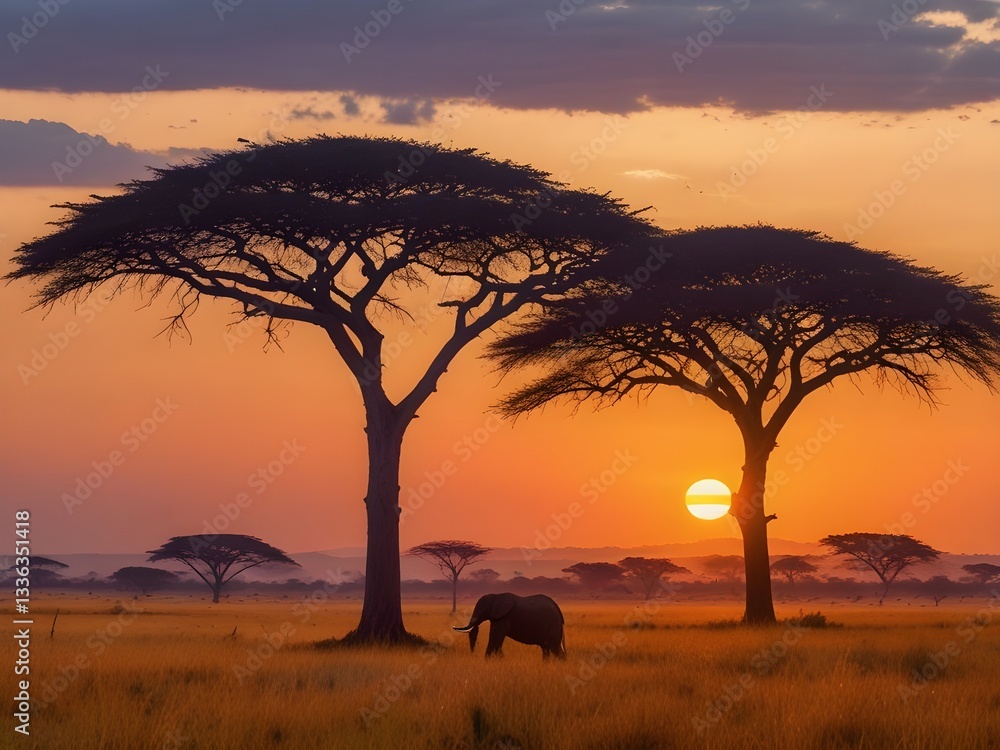 Fototapeta premium Golden Sunset Over Amboseli Savanna – Silhouetted Acacia Trees and Majestic African Landscape