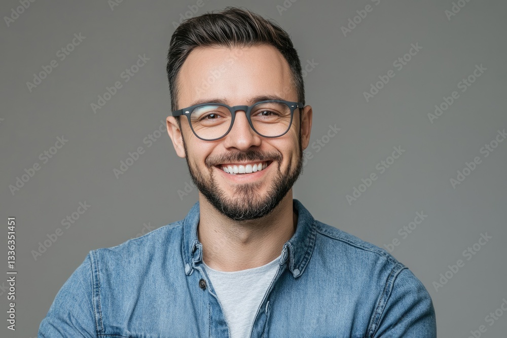 Portrait of a Joyful Handsome Man with Stylish Haircut and Glasses on a Neutral Gray Backdrop Portrait of a Joyful Handsome Man with Stylish Haircut and Glasses on a Neutral Gray Backdrop