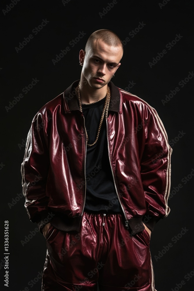Quirky Guy in Retro Tracksuit and Leather: A Comedic Take on the Sleazy Man Persona Quirky Guy in Retro Tracksuit and Leather: A Comedic Take on the Sleazy Man Persona