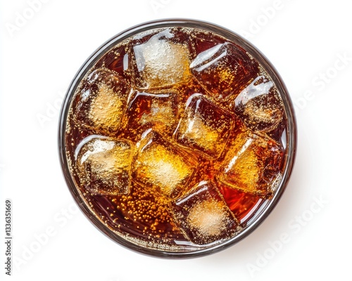 Refreshing Cola Drink with Ice Cubes in Glass - Top View on White Background