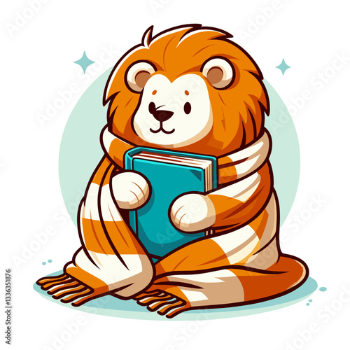 Cartoon cozy lion wrapped in blanket reading book, vector illustration. Perfect for literary clubs, winter relaxation themes, and comfortable lifestyle brands.