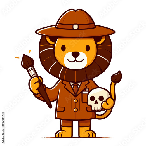 Cartoon lion archaeologist with brush and skull in brown outfit, vector illustration. Perfect for historical museums, archaeological expeditions, educational programs or adventure tourism.